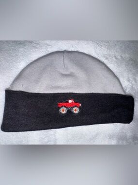 Baby Essentials Gray and Black Beanie with Red Truck Embroidery